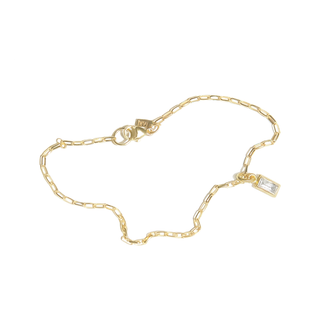 14k Gold Elongated Rolo Chain Bracelet with Baguette Diamond Charm
