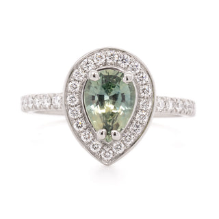 One of a Kind Pear Montana Sapphire Halo Diamond Ring