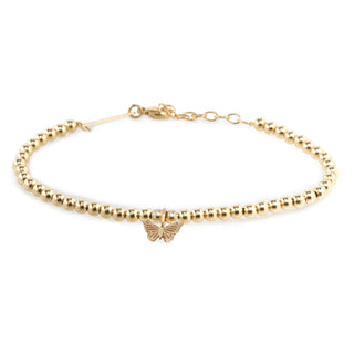 Small Gold Bead Bracelet With Midi Bitty Butterfly | 14K