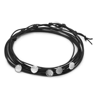 Black Linen Cord Five Hammered Disc Bracelet
