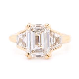Custom Three Stone Emerald Diamond + Trapezoid Ring
