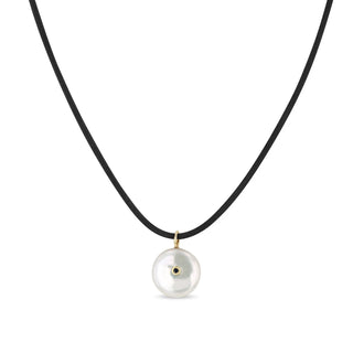 Black & White Reversible Diamond Pearl Disc Leather Cord Necklace | 14k