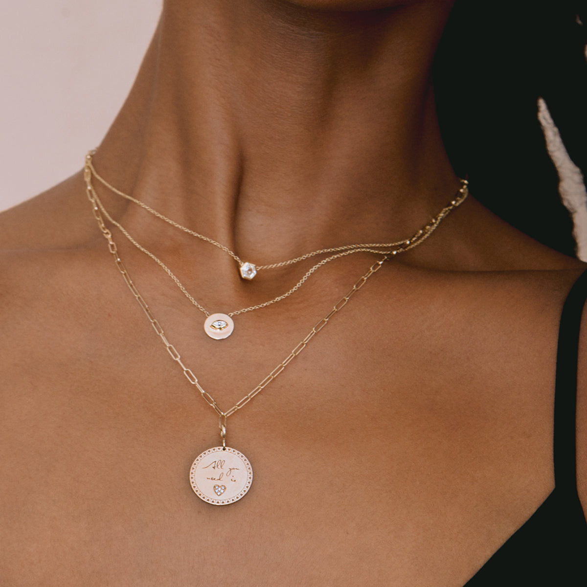 Marquise Diamond Small Disc Pendant Necklace 14k