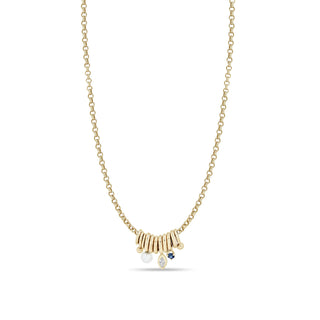 Small Rolo Chain Mixed Diamond, Pearl, Sapphire Ring Necklace | 14k