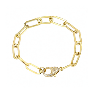 GOLD PAPERCLIP BRACELET WITH PAVE DIAMOND LOBSTER CLAW CLASP