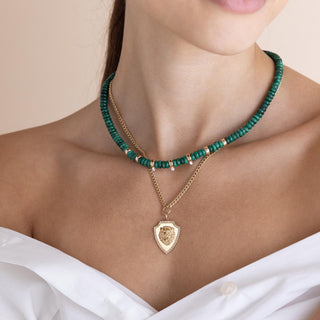 Malachite Rondelle Bead Necklace with 3 Prong Diamonds | 14k