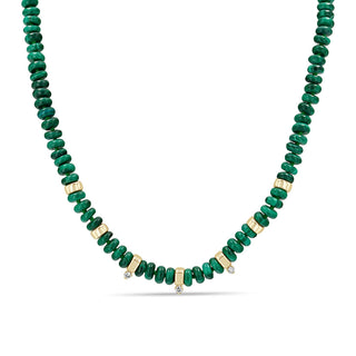 Malachite Rondelle Bead Necklace with 3 Prong Diamonds | 14k