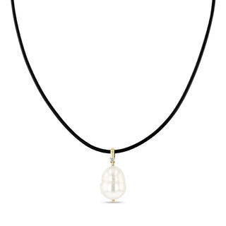 Baroque Pearl & Diamond Bail Pendant Leather Cord Necklace | 14k