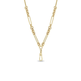 Large Mixed Paperclip & Rolo Chain Necklace with Fob Clasp Drop | 14k