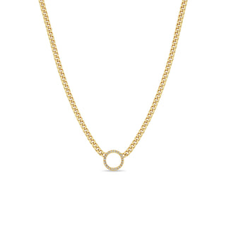 Pavé Diamond Circle Pendant Small Curb Chain Necklace | 14k