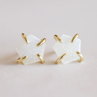 White Druzy Prong Studs | Gold Plated