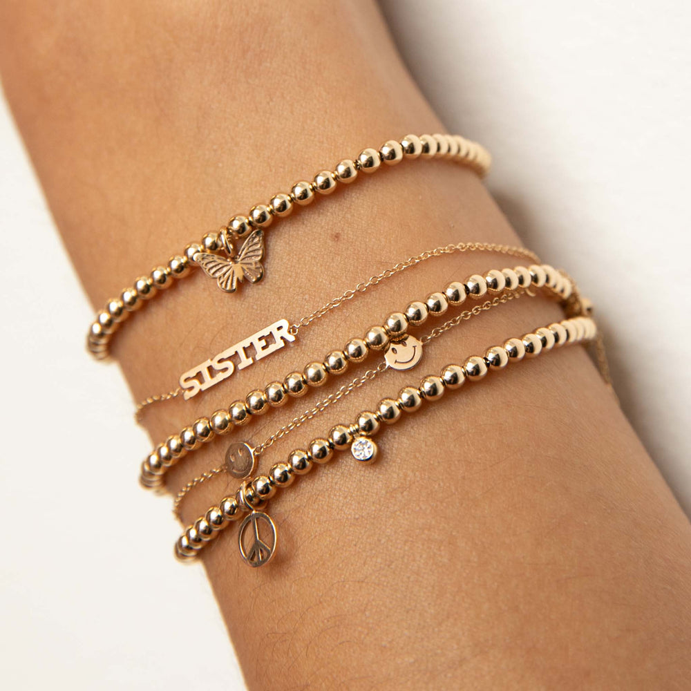 Small Gold Bead Bracelet With Midi Bitty Butterfly 14K