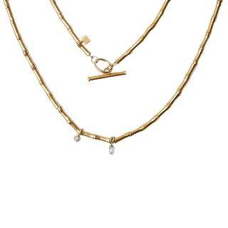 14k Gold Flared Bead Necklace with Diamond Charms