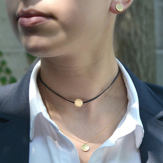 Black Linen Cord Gold Disc Choker Necklace - Anne Sportun Fine Jewellery
