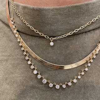 Small Square Oval Link Dangling Diamond Bezel Necklace I 14k
