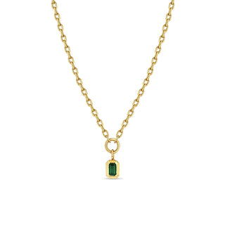 14K Emerald Cut Emerald Bezel Pendant Square Oval Chain Necklace