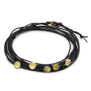 Black Linen Cord Five Hammered Disc Bracelet - Anne Sportun Fine Jewellery