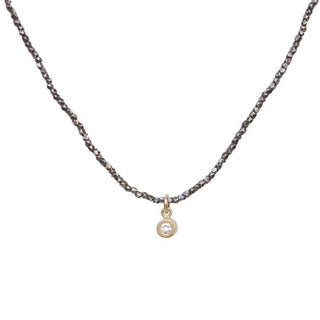14k Gold Bezel Diamond Charm and Silver Bead Necklace